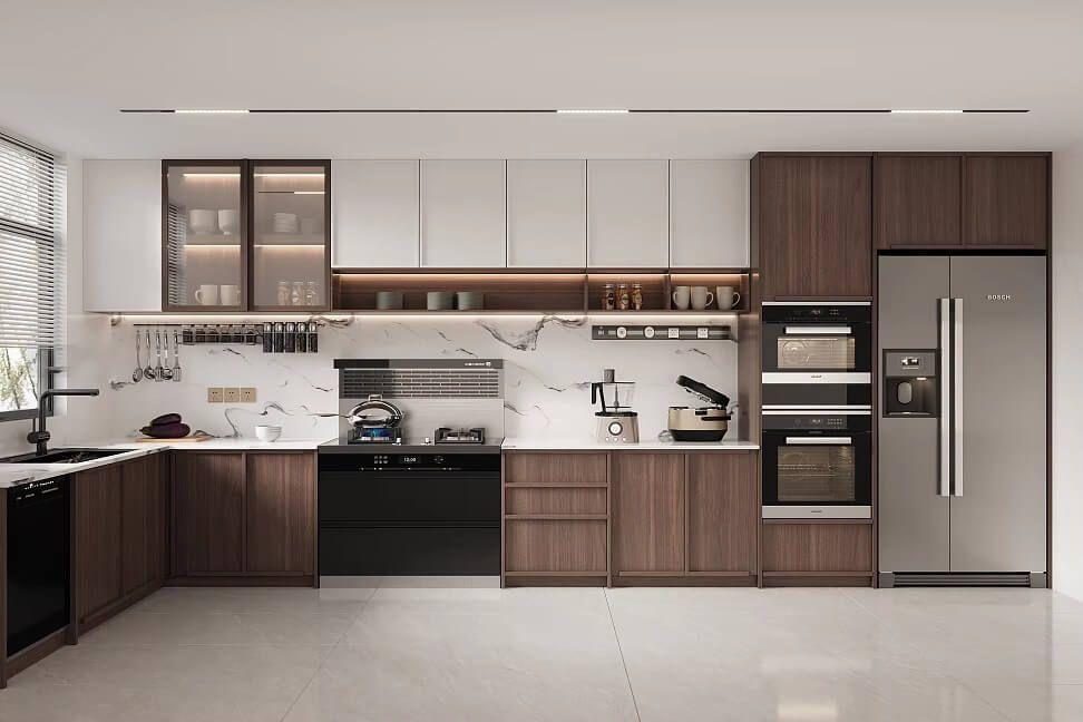 Tủ bếp chữ L laminate vân gỗ tối