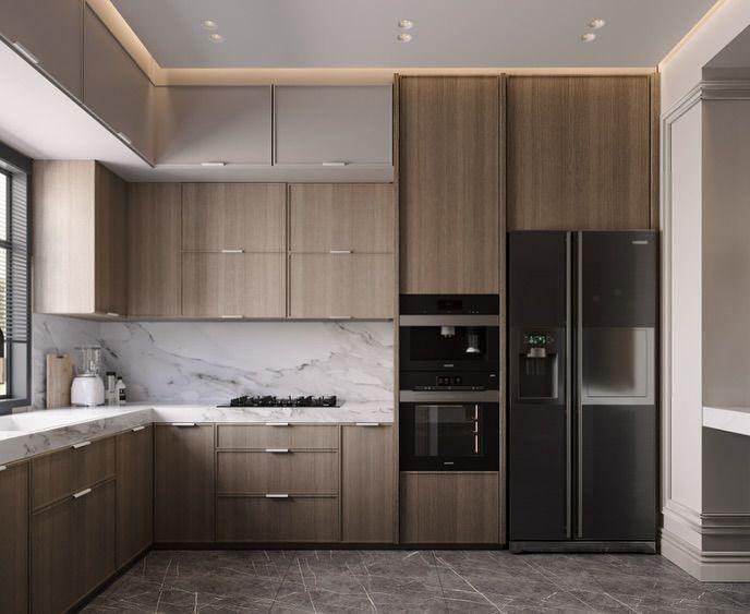 Mẫu Tủ bếp chữ L cho chung cư nhỏ (bếp 5–8m²) Tủ bếp chữ L màu vân gỗ tự nhiên