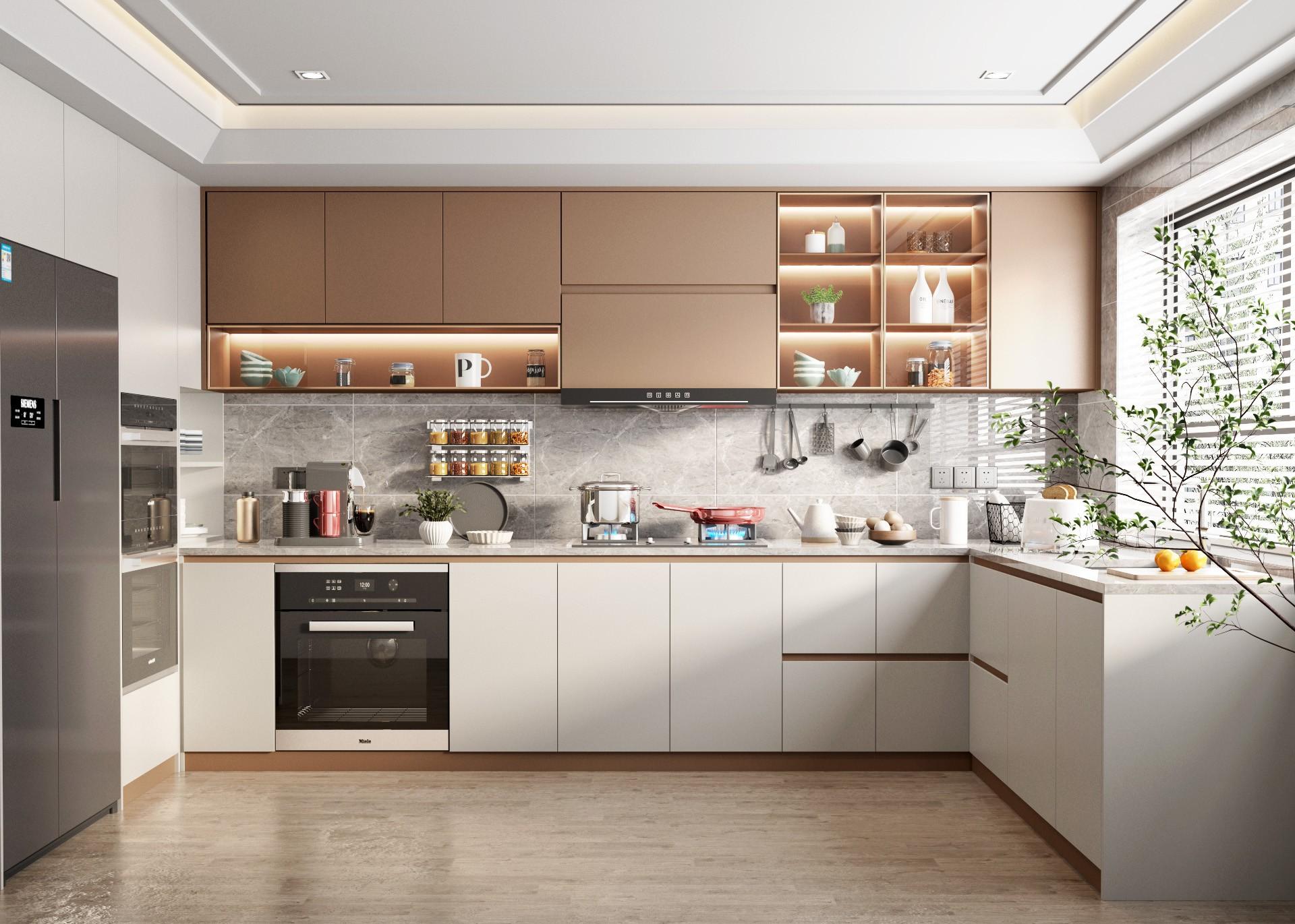 Tủ bếp laminate màu pastel phối trắng