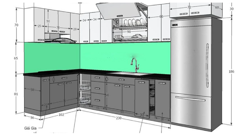 kích thước tủ bếp trên, tủ bếp dưới chuẩn công năng