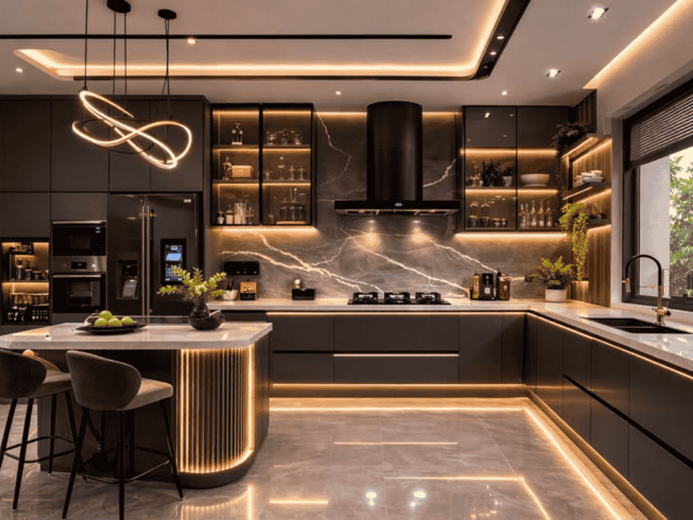 Tủ bếp chữ L có quầy bar kết hợp