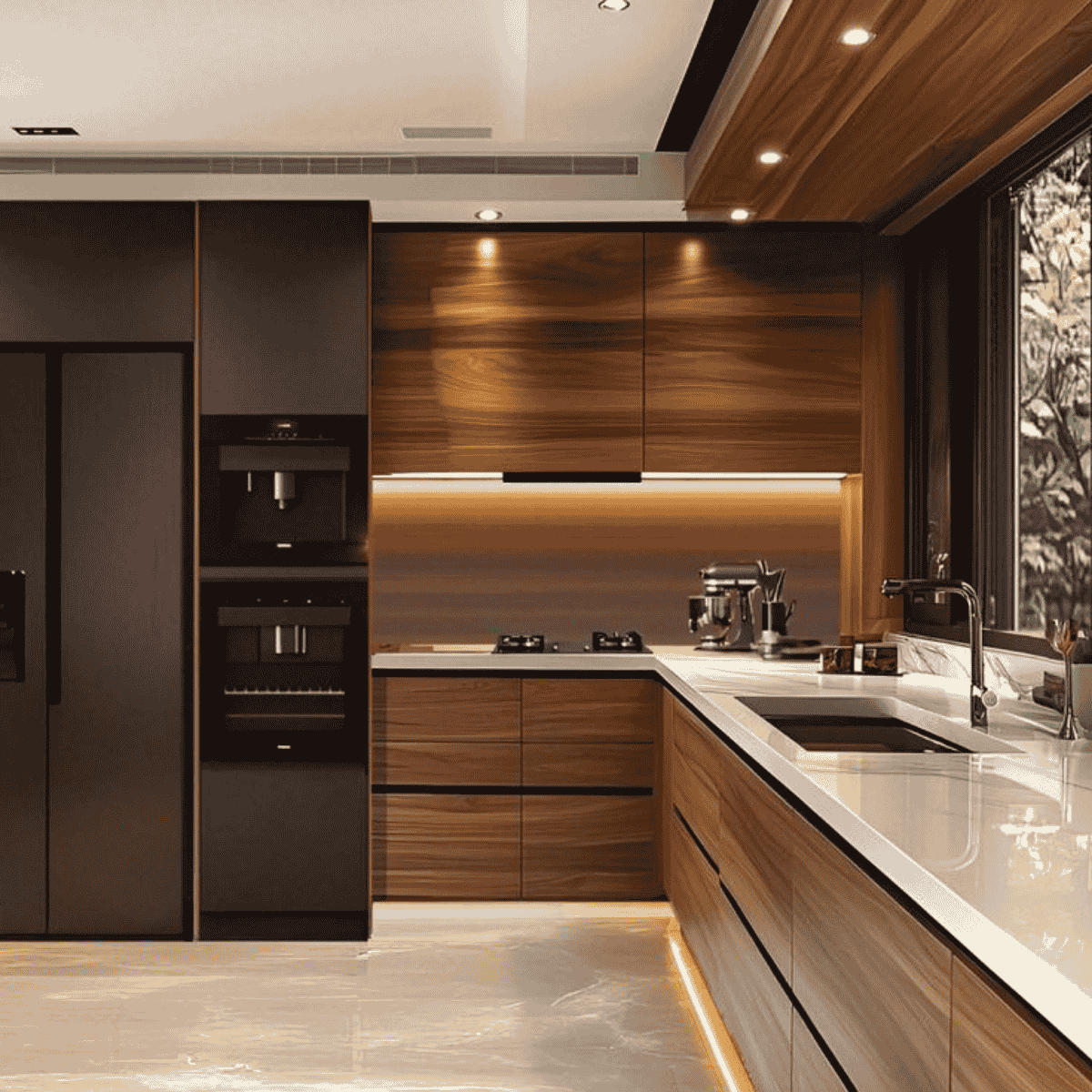 Tủ bếp chữ L có cửa sổ