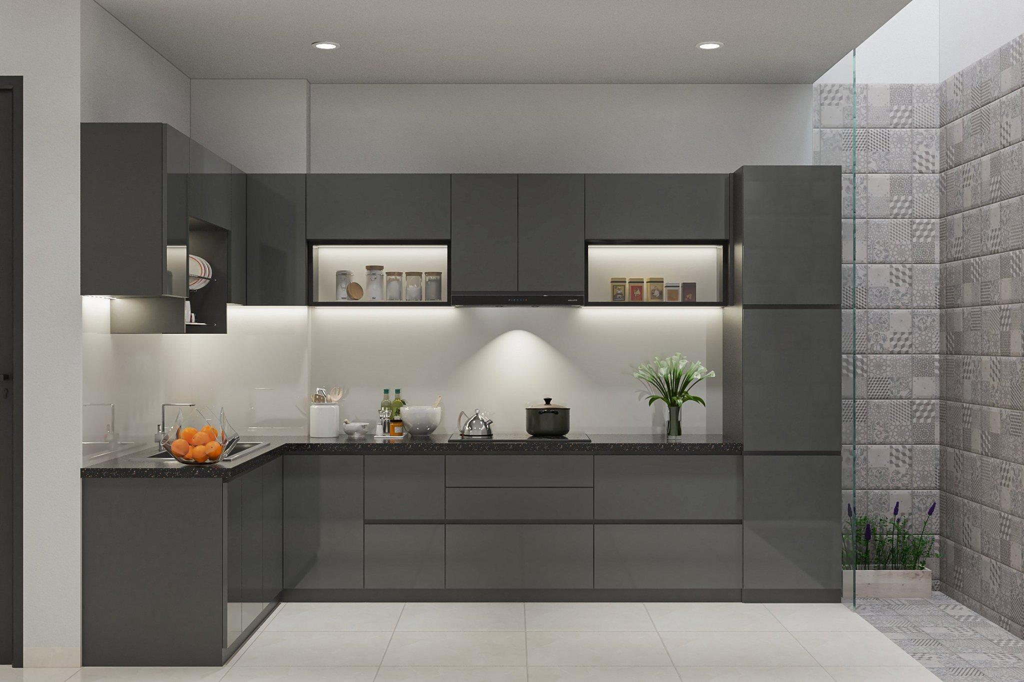 Tủ bếp gỗ công nghiệp MDF phủ Melamine bóng gương