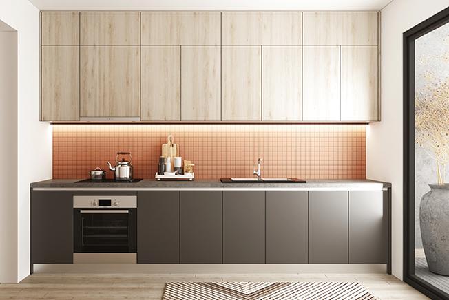 Tủ bếp gỗ công nghiệp phủ Laminate vân gỗ