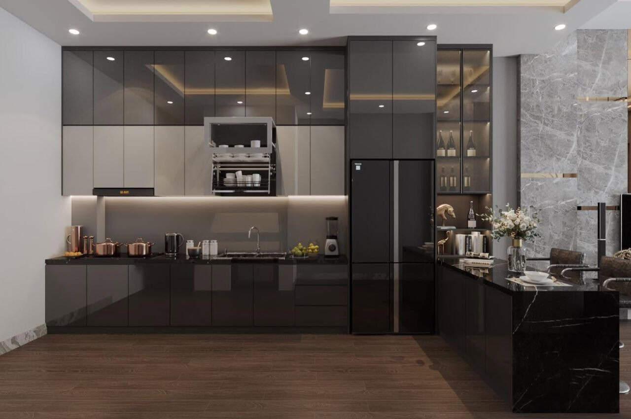 Tủ bếp trên kịch trần kết hợp với đèn led âm tủ