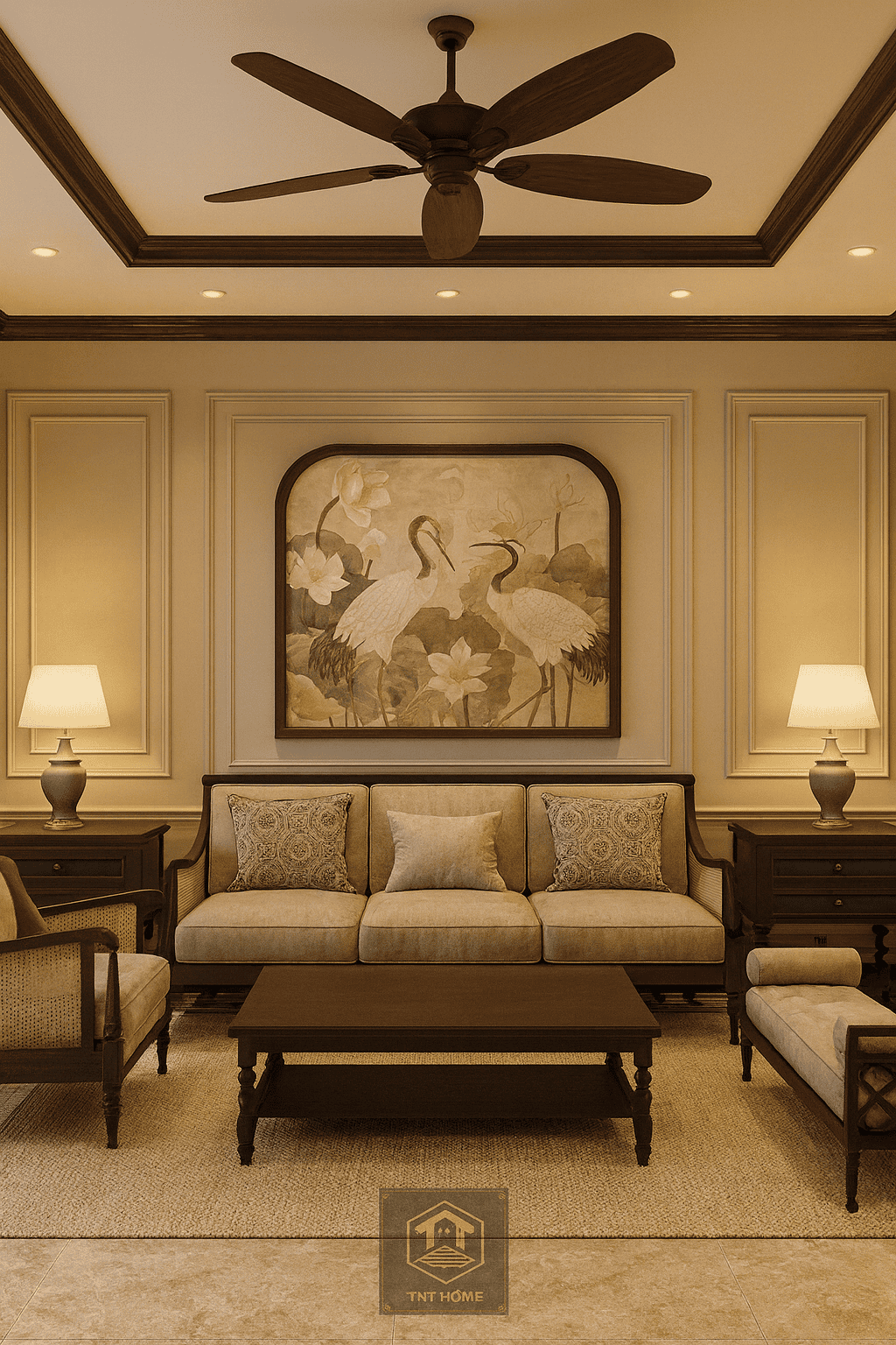 Phòng khách với bộ sofa khung gỗ, nệm nỉ