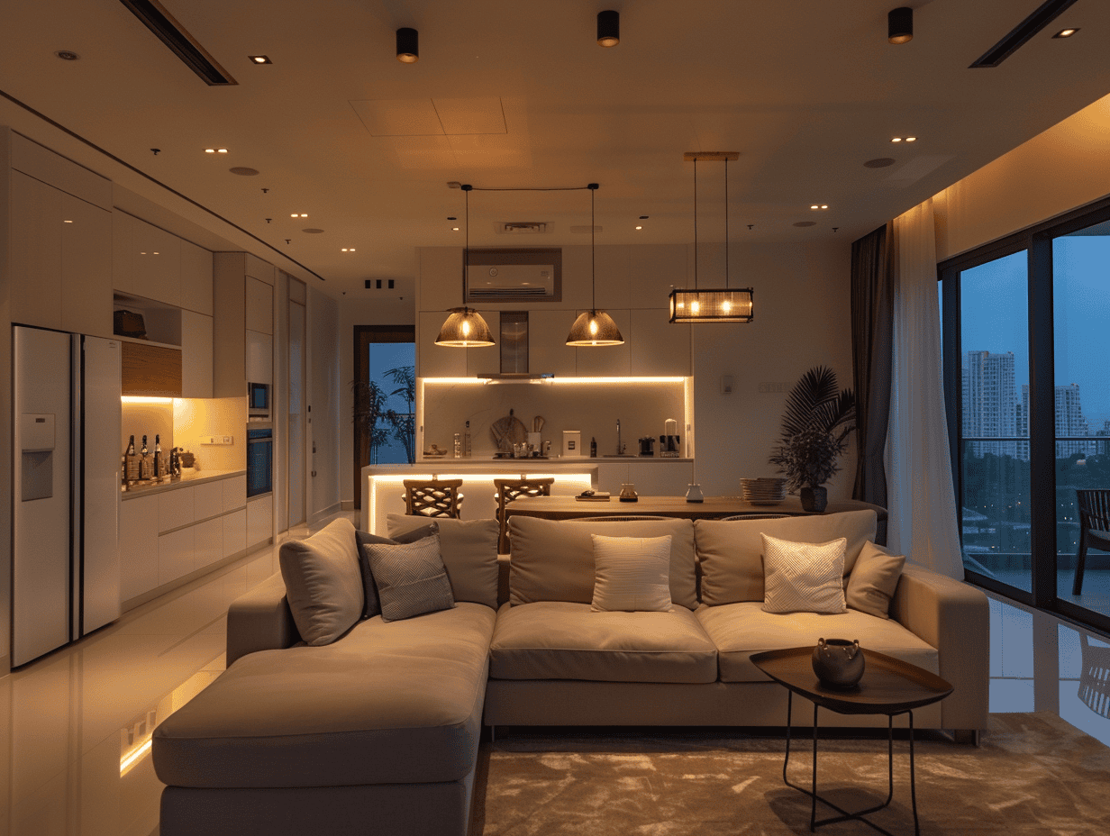 Không gian buổi tối với đèn ấm, đèn nhấn; cảm giác thư giãn.