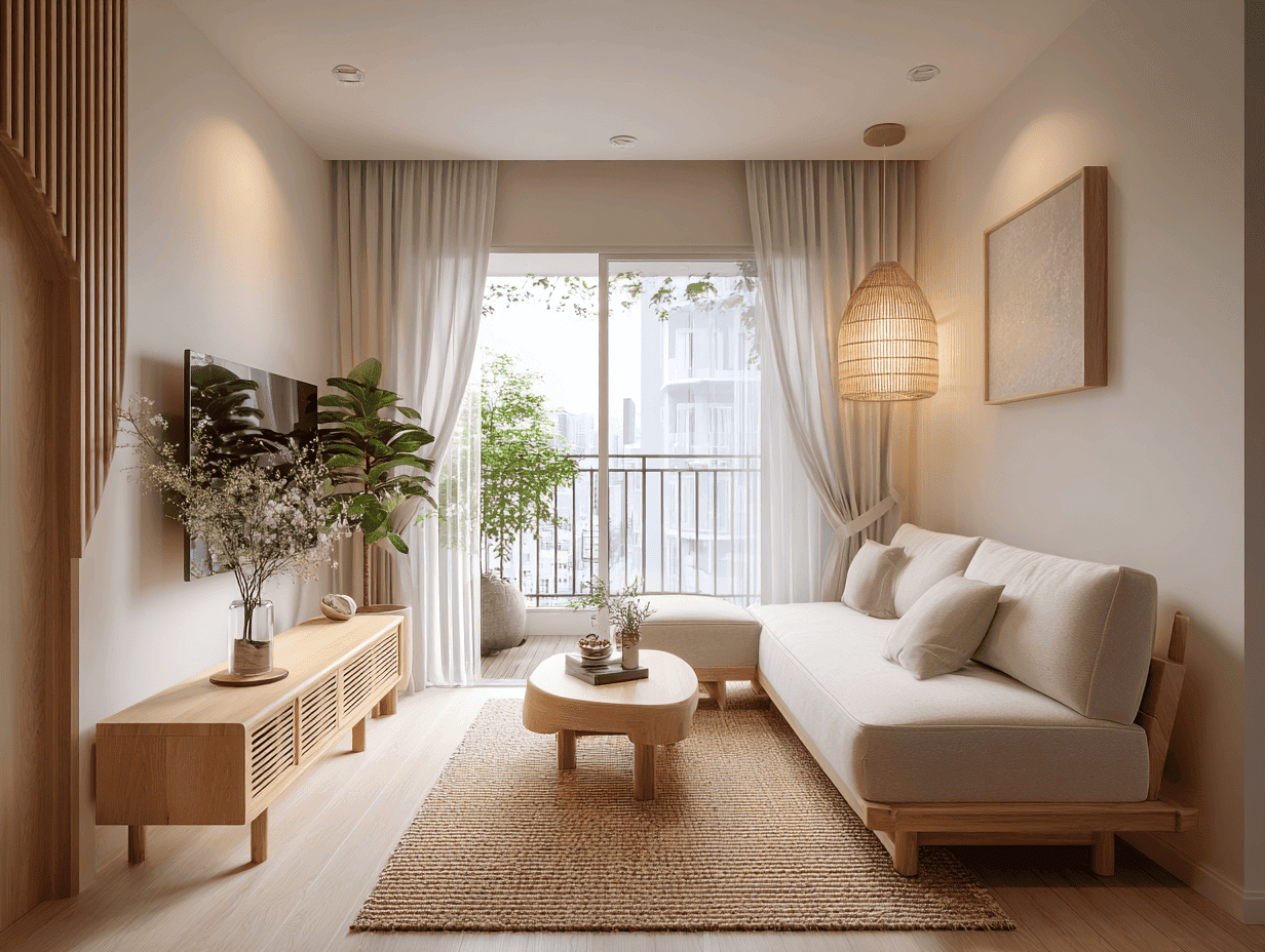 Thiết kế nội thất phòng khách chung cư phong cách Japandi