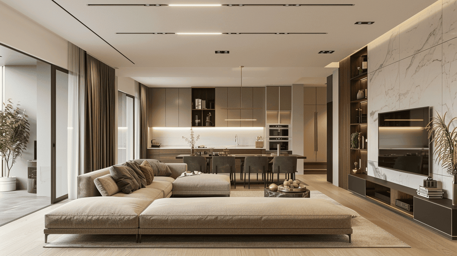 Mẫu thiết kế nội thất phòng khách chung cư liền bếp