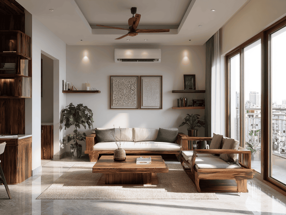 Thiết kế nội thất phòng khách chung cư cao cấp phong cách Indochine tinh giản