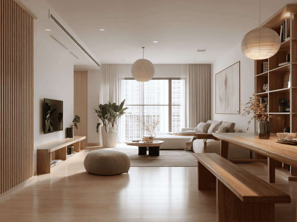 Thiết kế nội thất phòng khách chung cư cao cấp phong cách Japandi / Minimal
